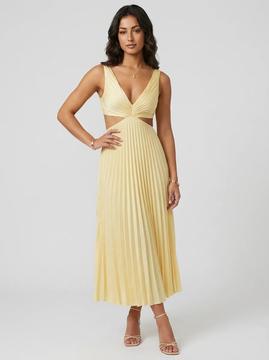 Remi | Women’s Pleated Cut Out V Neck Midi Dress