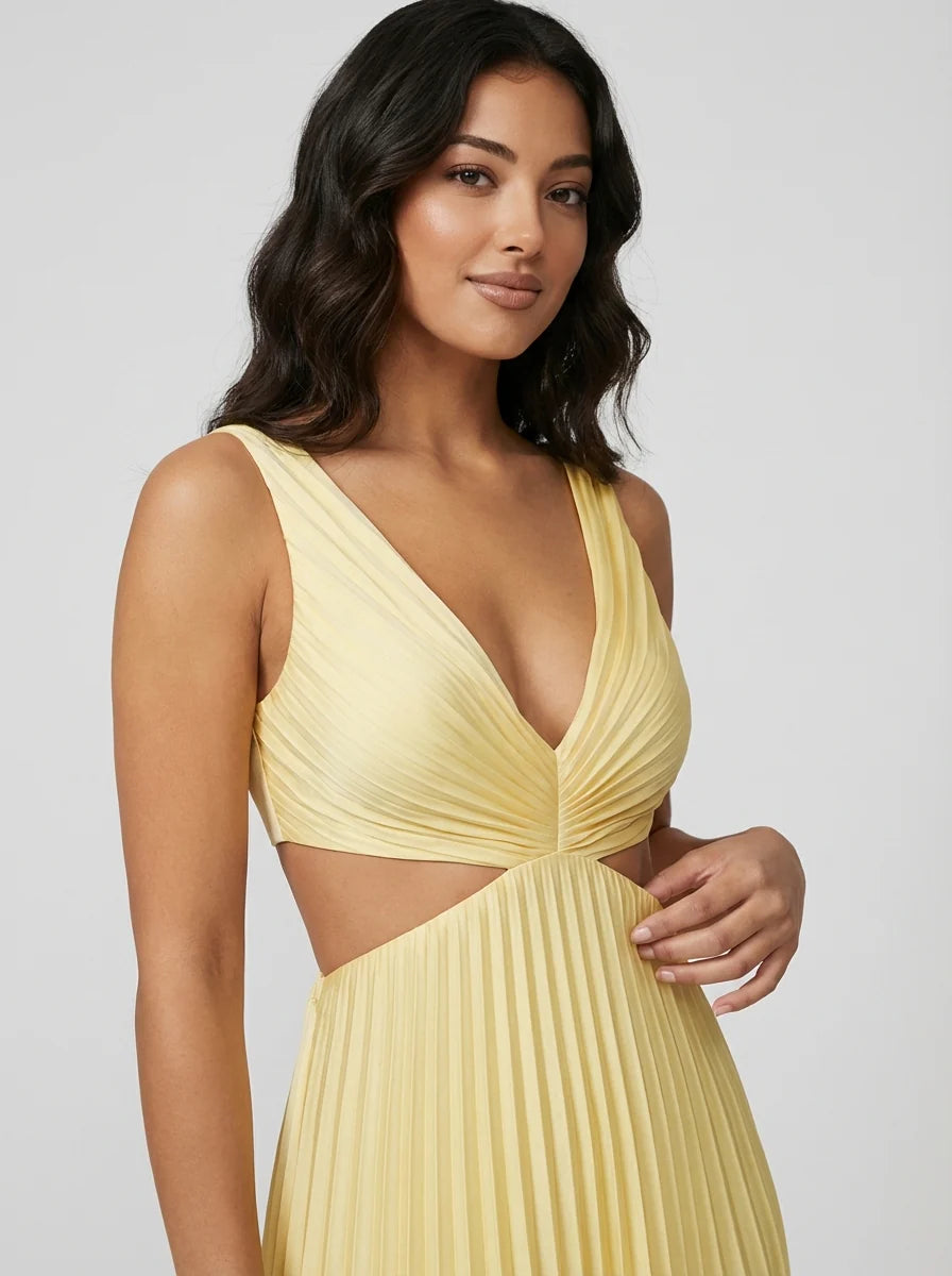 Remi | Women’s Pleated Cut Out V Neck Midi Dress
