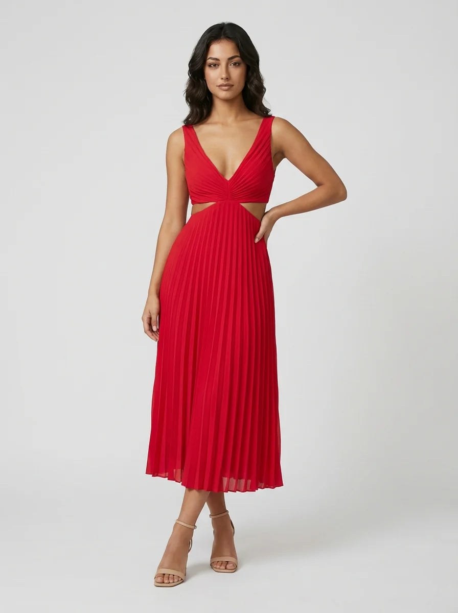 Remi | Women’s Pleated Cut Out V Neck Midi Dress