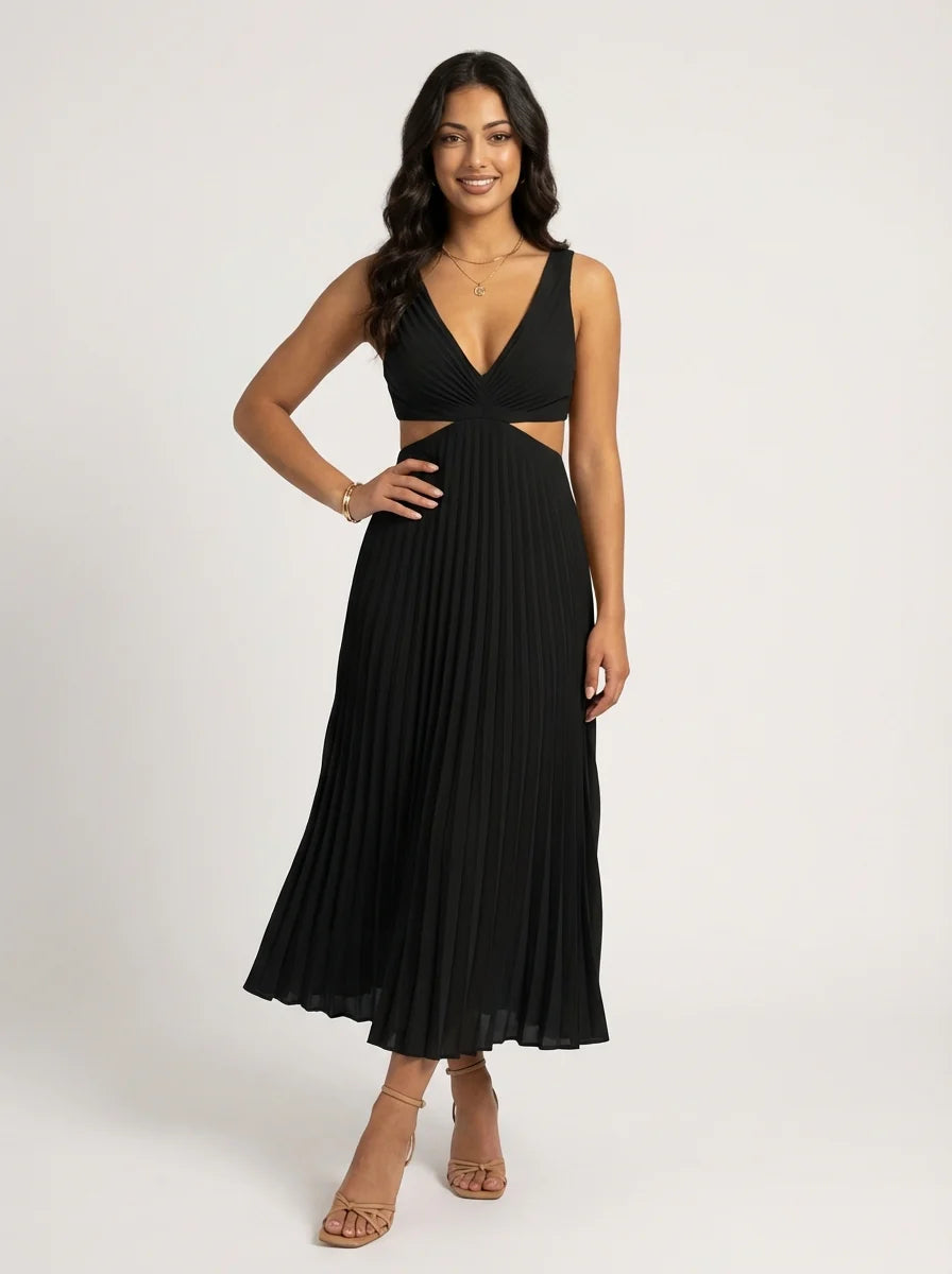Remi | Women’s Pleated Cut Out V Neck Midi Dress