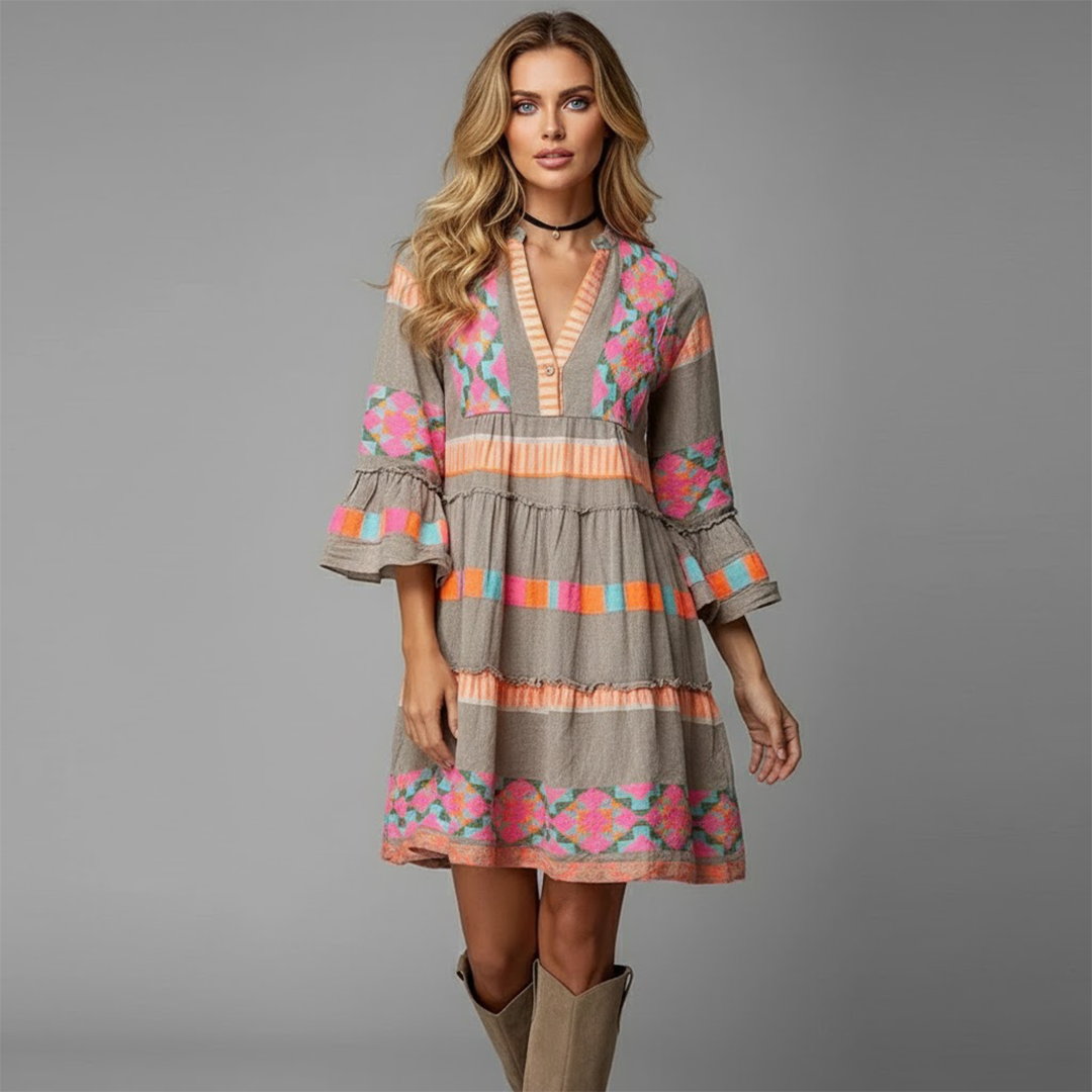 Rose | Women’s V Neck Boho Bell Sleeve Mini Dress