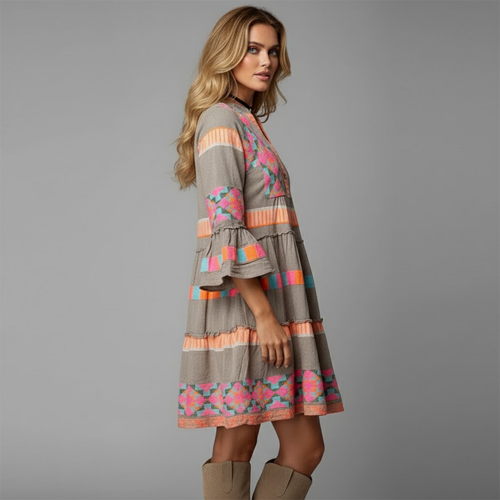 Rose | Women’s V Neck Boho Bell Sleeve Mini Dress