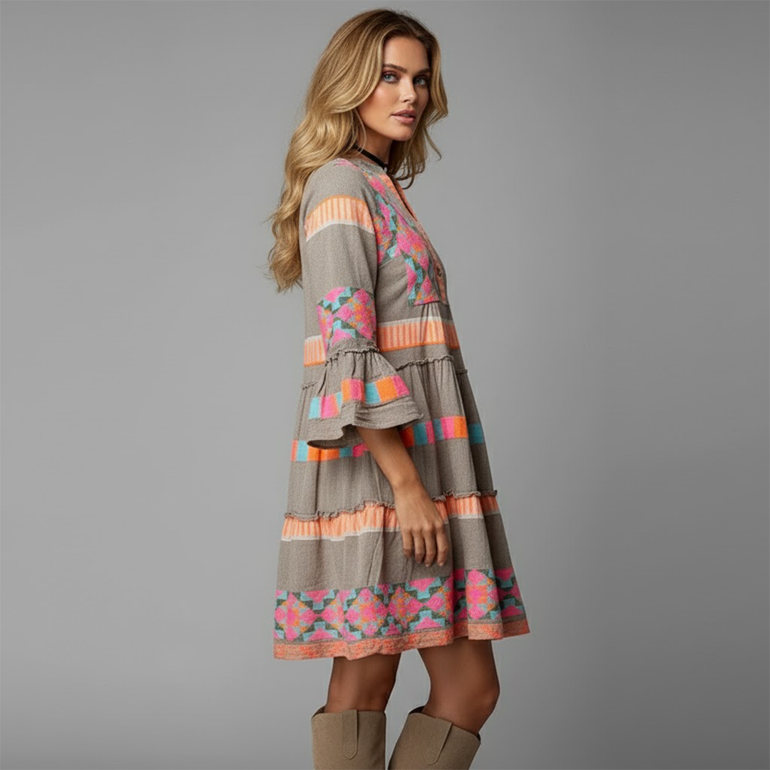 Rose | Women’s V Neck Boho Bell Sleeve Mini Dress