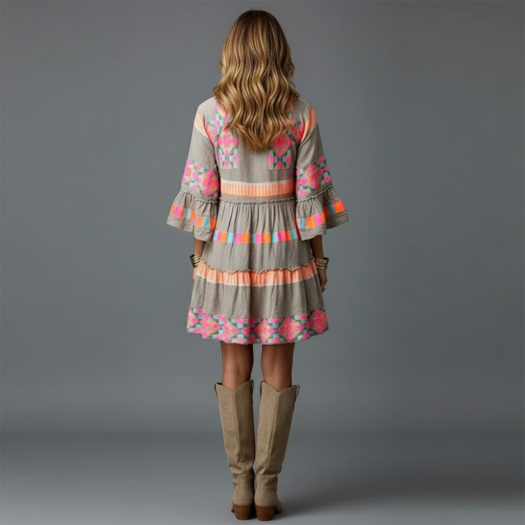 Rose | Women’s V Neck Boho Bell Sleeve Mini Dress