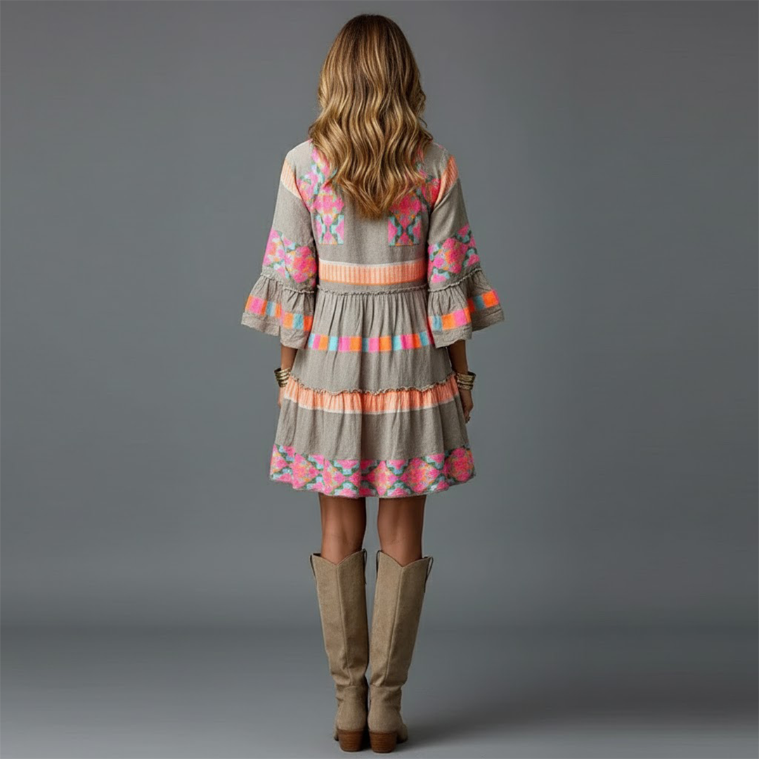 Rose | Women’s V Neck Boho Bell Sleeve Mini Dress