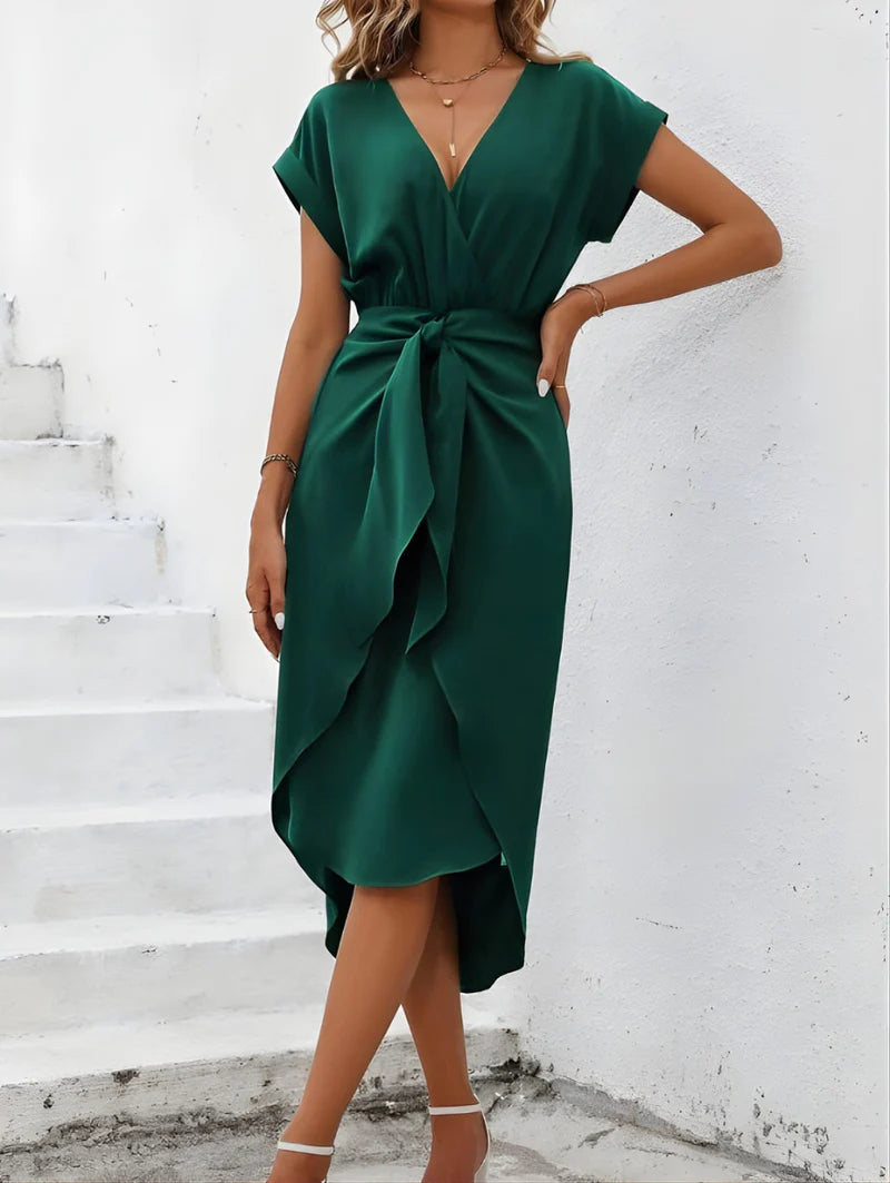 Sophia | Women’s V Neck Cap Sleeve Waist Tie Flowy Dress
