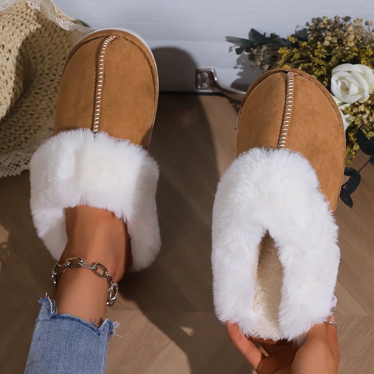 Women's Faux Fur Slippers with Cotton Lining