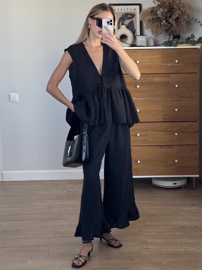 Women’s Linen Trouser Set with Lace-Up Vest