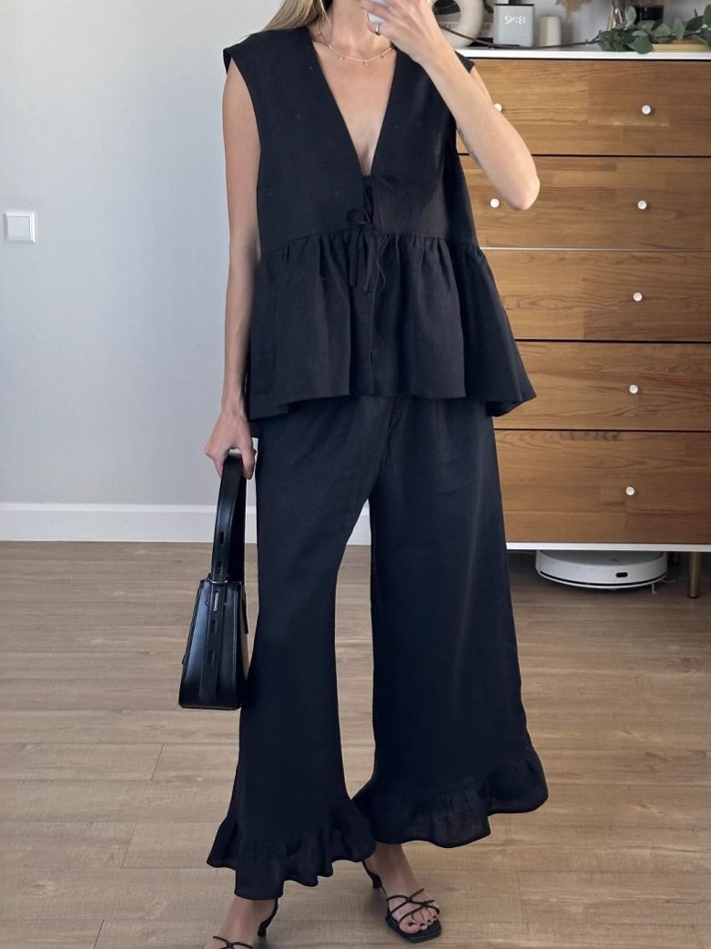 Women’s Linen Trouser Set with Lace-Up Vest