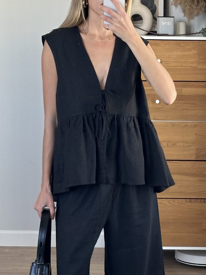 Women’s Linen Trouser Set with Lace-Up Vest