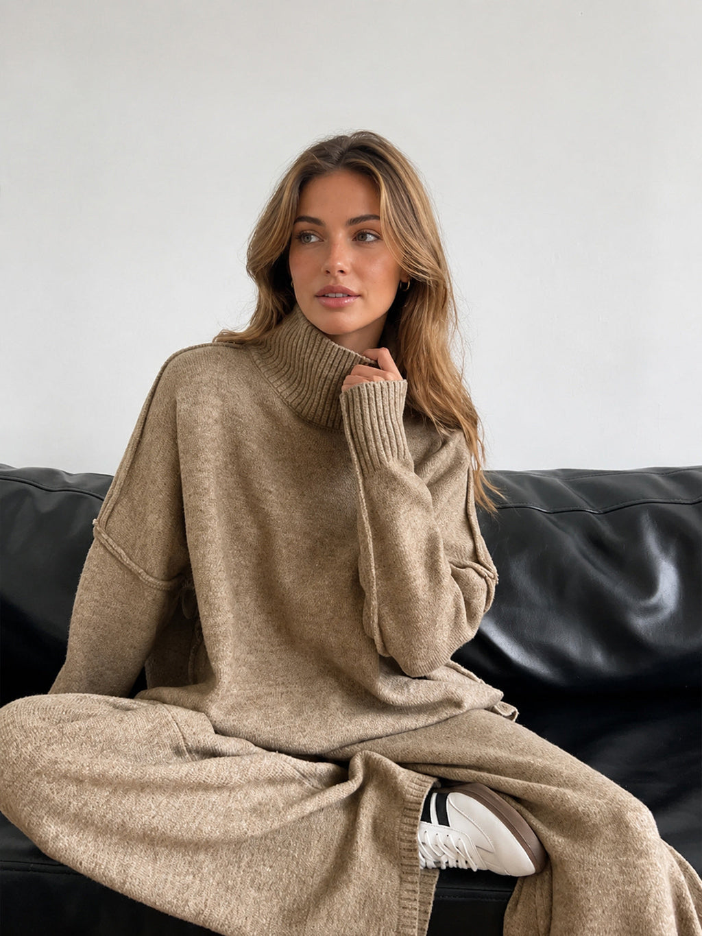 Women's Plain Turtleneck Knit Trousers Set