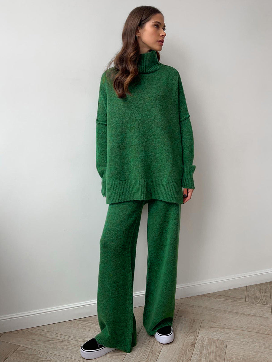 Women's Plain Turtleneck Knit Trousers Set