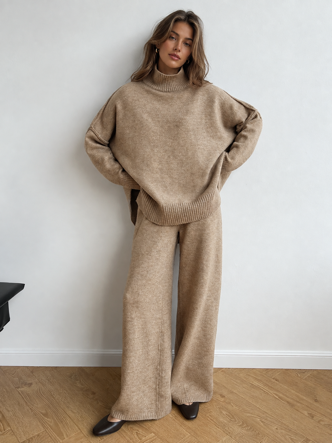 Women's Plain Turtleneck Knit Trousers Set