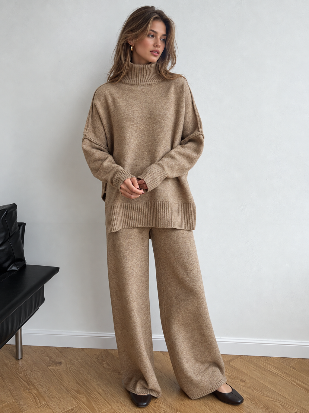 Women's Plain Turtleneck Knit Trousers Set