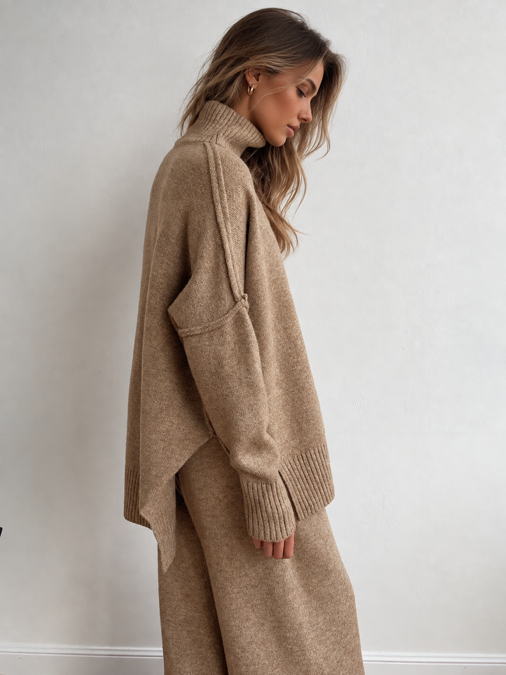 Women's Plain Turtleneck Knit Trousers Set