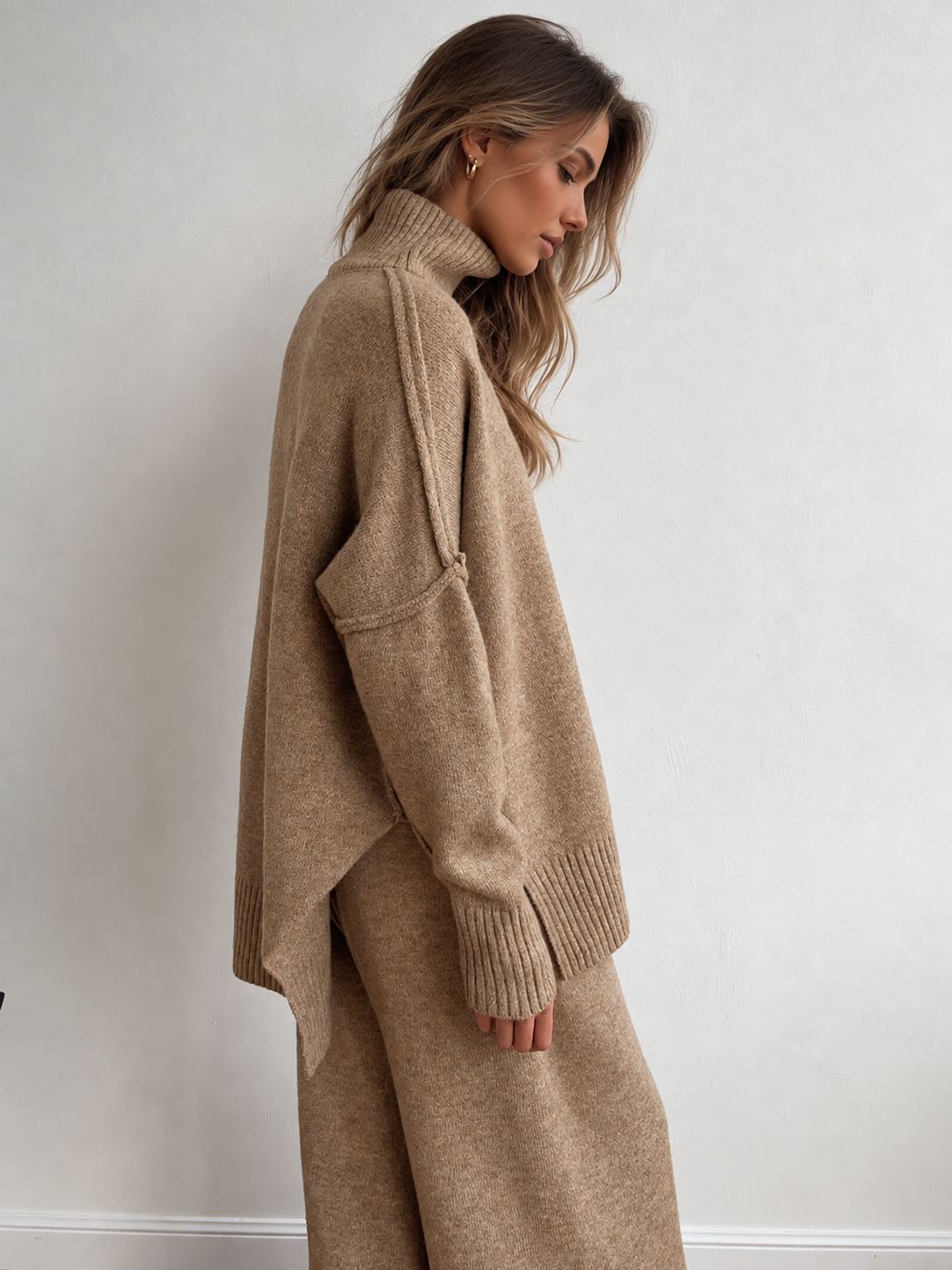 Women's Plain Turtleneck Knit Trousers Set