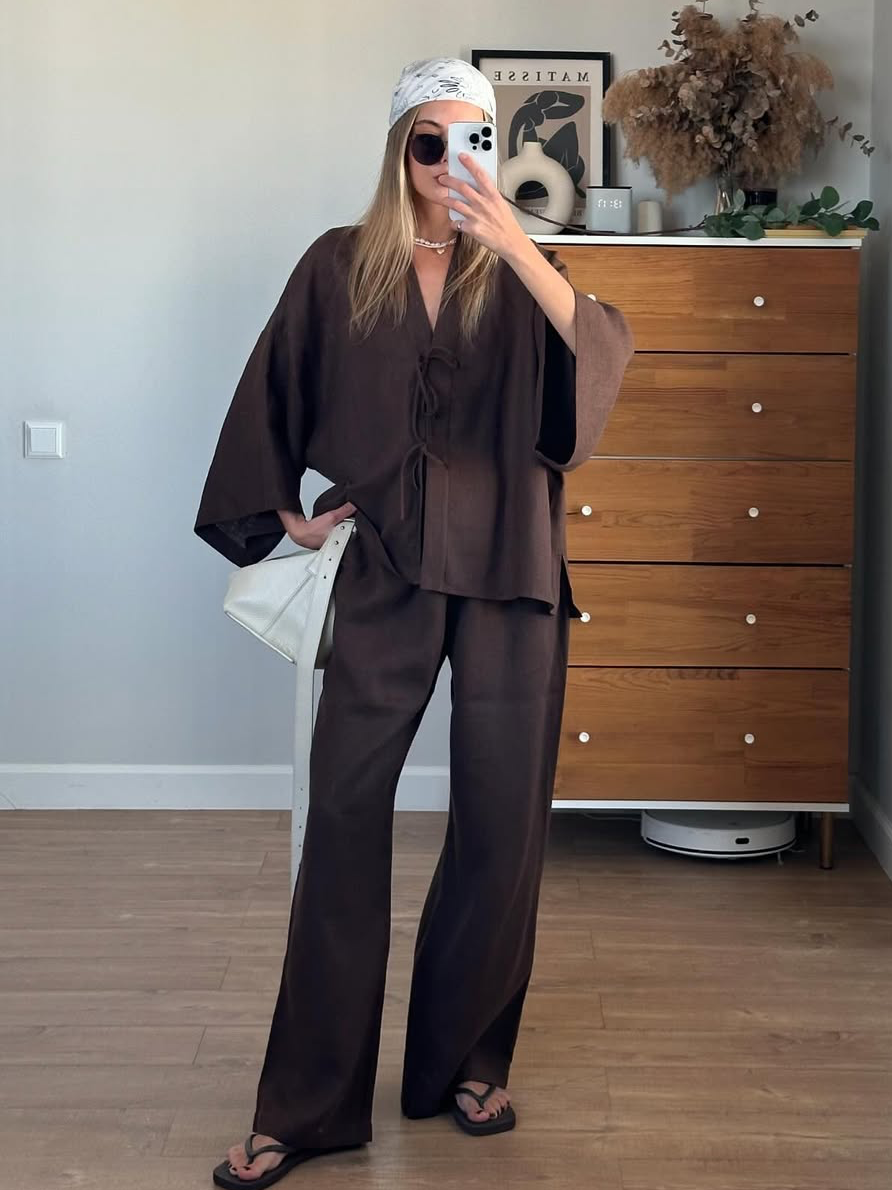 Women’s Tie-Detail Linen Trouser Set