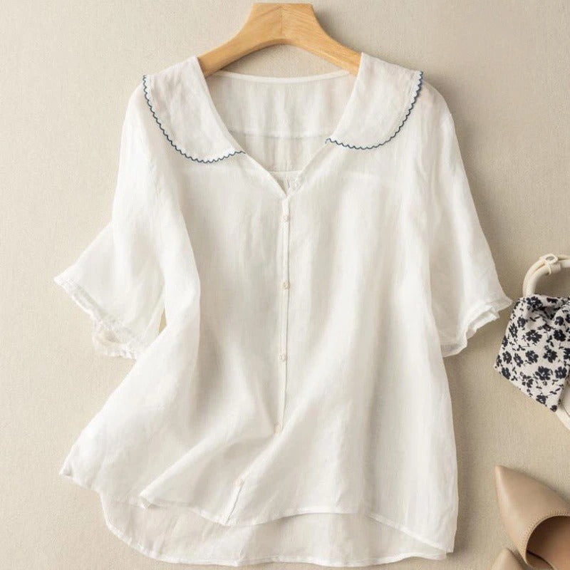 Abbey | Women's Ruffle Sleeve V Neck Scalloped Collar Blouse