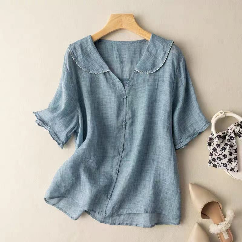 Abbey | Women's Ruffle Sleeve V Neck Scalloped Collar Blouse