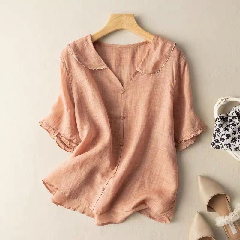 Abbey | Women's Ruffle Sleeve V Neck Scalloped Collar Blouse