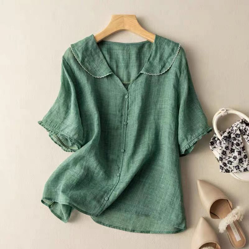 Abbey | Women's Ruffle Sleeve V Neck Scalloped Collar Blouse