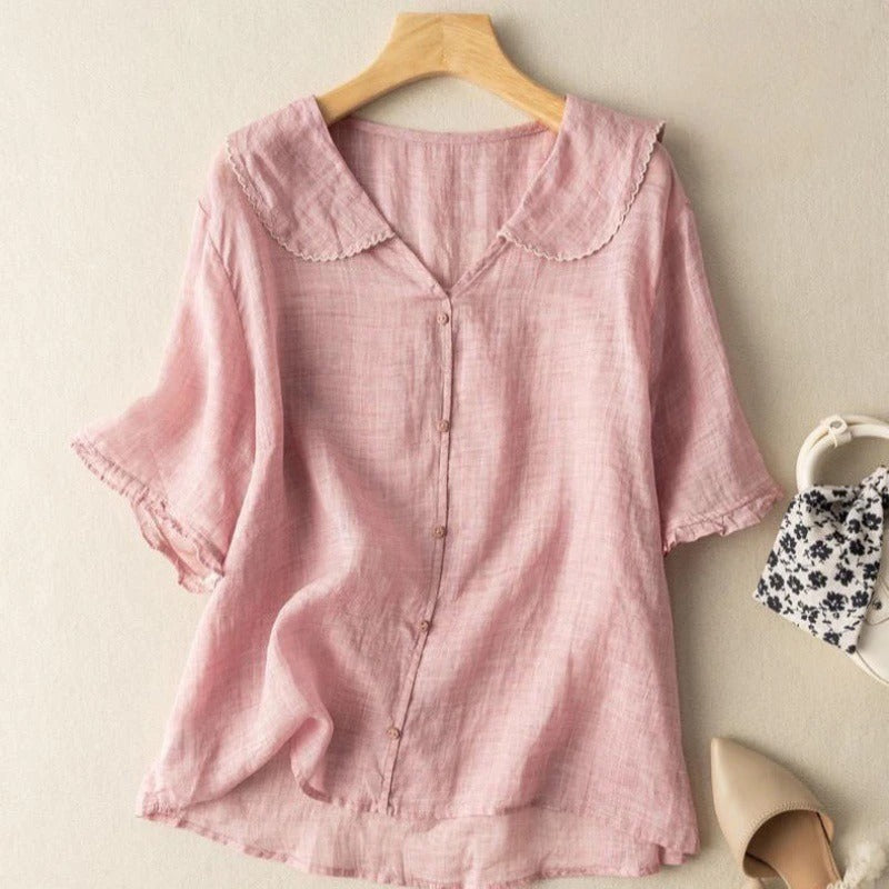 Abbey | Women's Ruffle Sleeve V Neck Scalloped Collar Blouse