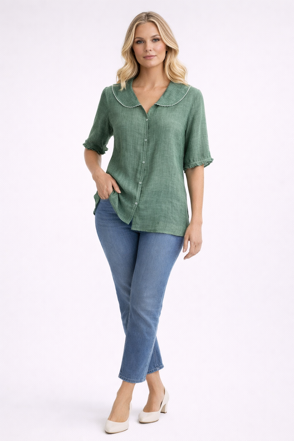 Abbey | Women's Ruffle Sleeve V Neck Scalloped Collar Blouse