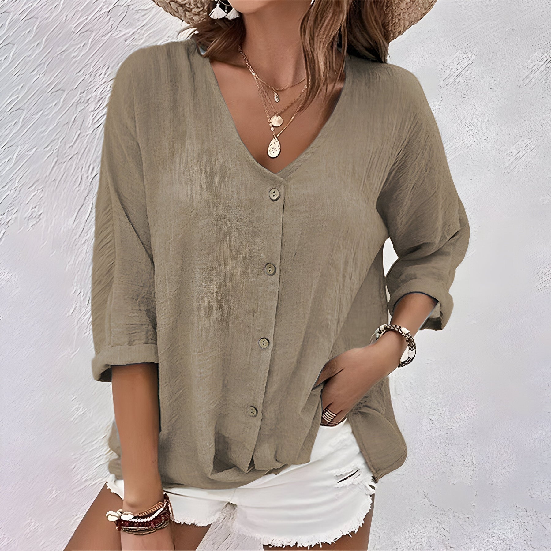 Abby | Women's V Neck Rolled Sleeve Blouse