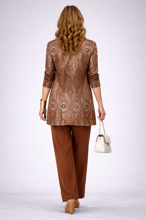 Abigail | Women's Patterned Open Front Round Neck Three Piece Set