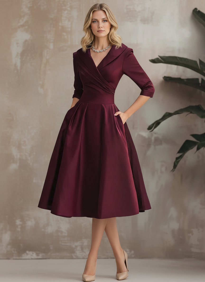 Addie | Women's Portrait Collar V Neck Midi Dress
