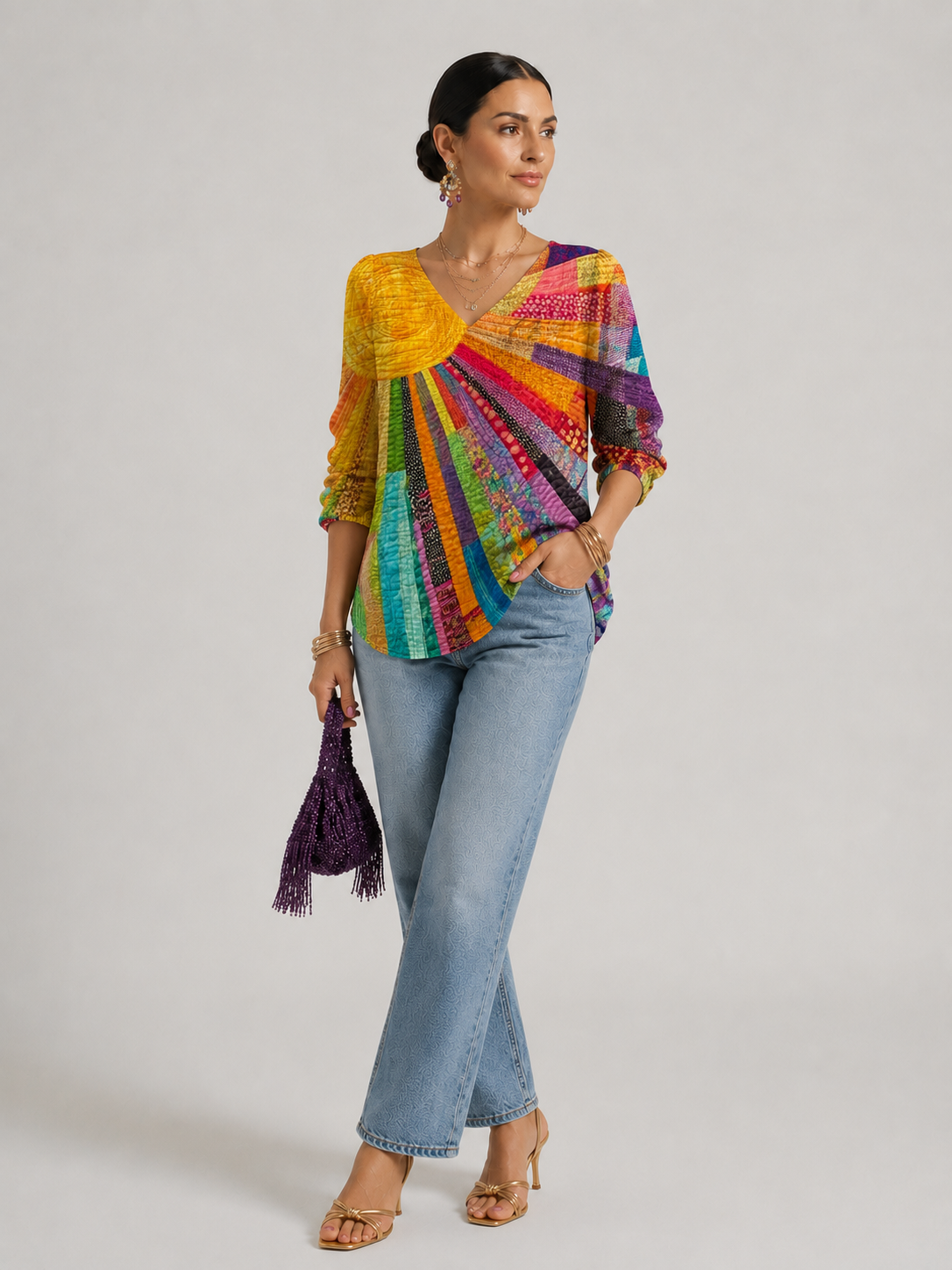 Adelyn | Women's Patchwork Print V-Neck Boho Blouse