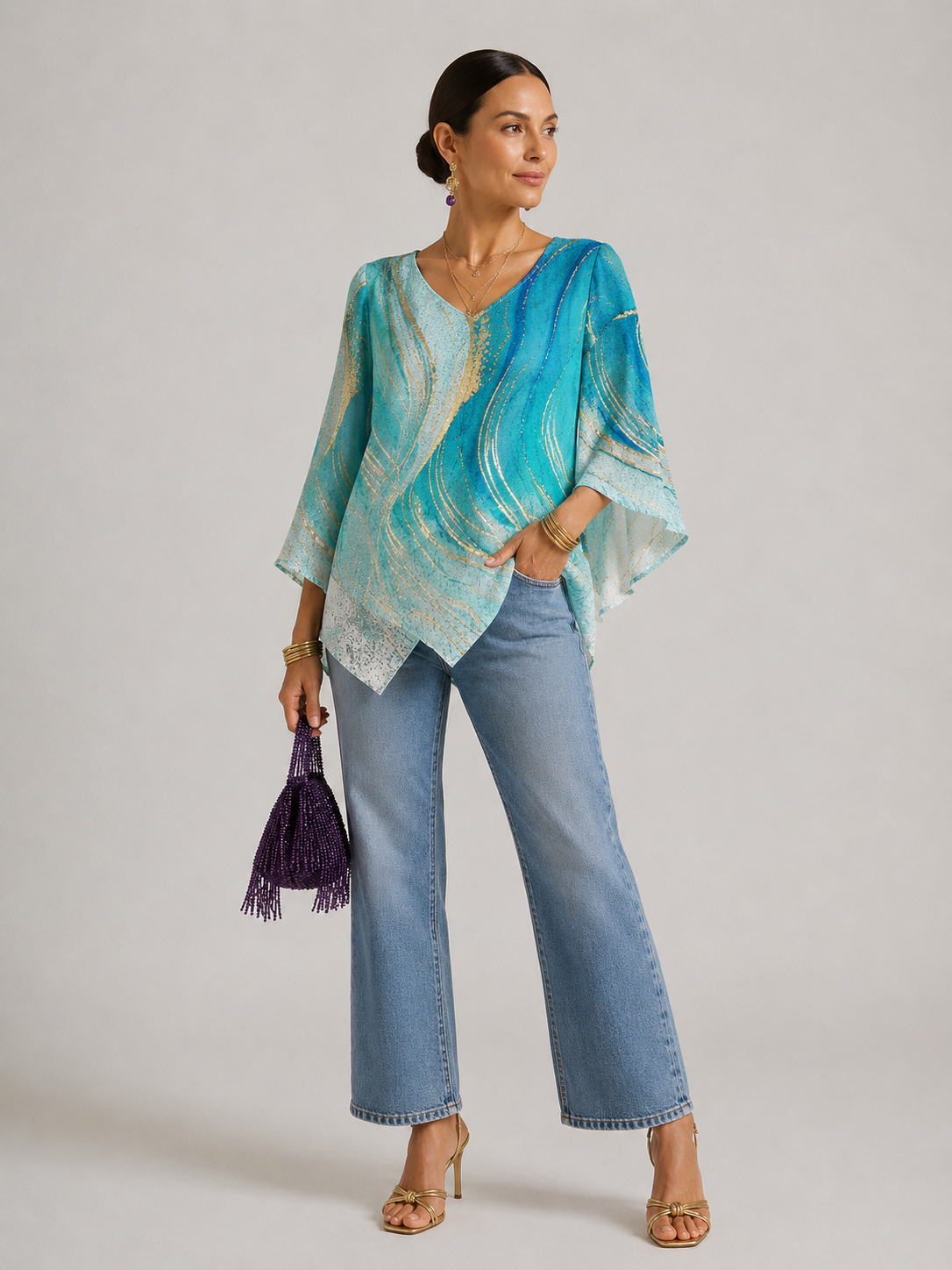 Adena | Women's Printed Asymmetrical Hem Long Sleeve Blouse