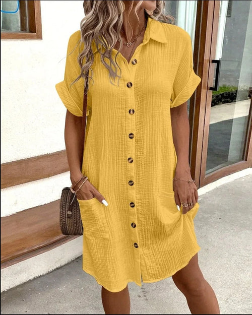 Adira | Women’s Short Sleeve Button Front Pocket Shirt Dress