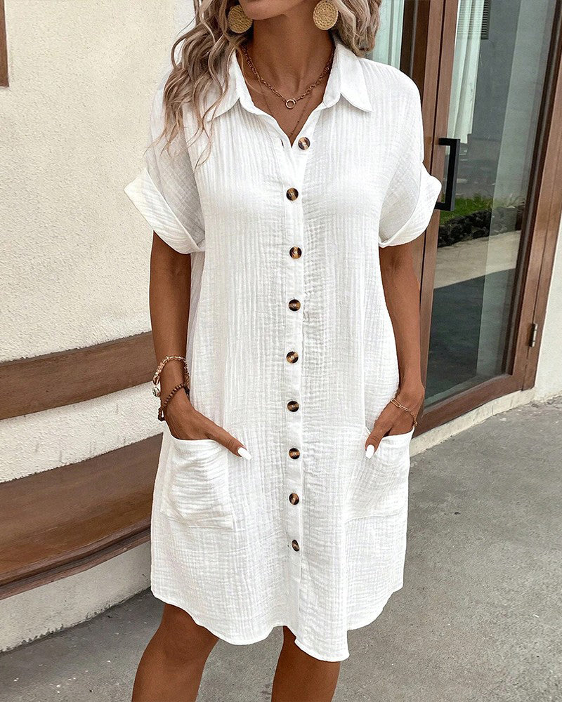 Adira | Women’s Short Sleeve Button Front Pocket Shirt Dress