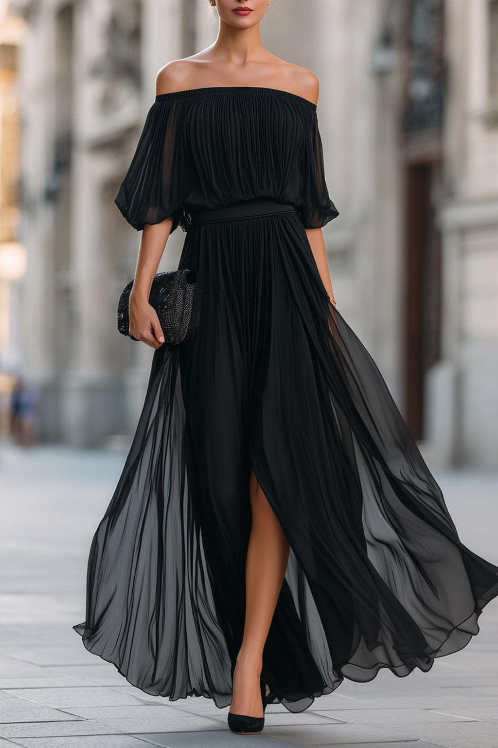Adonia | Women's Pleated Off-Shoulder High Slit Flowy Maxi Dress