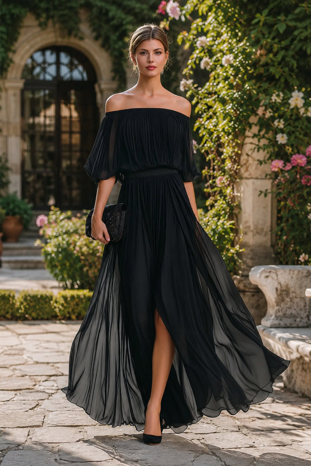Adonia | Women's Pleated Off-Shoulder High Slit Flowy Maxi Dress