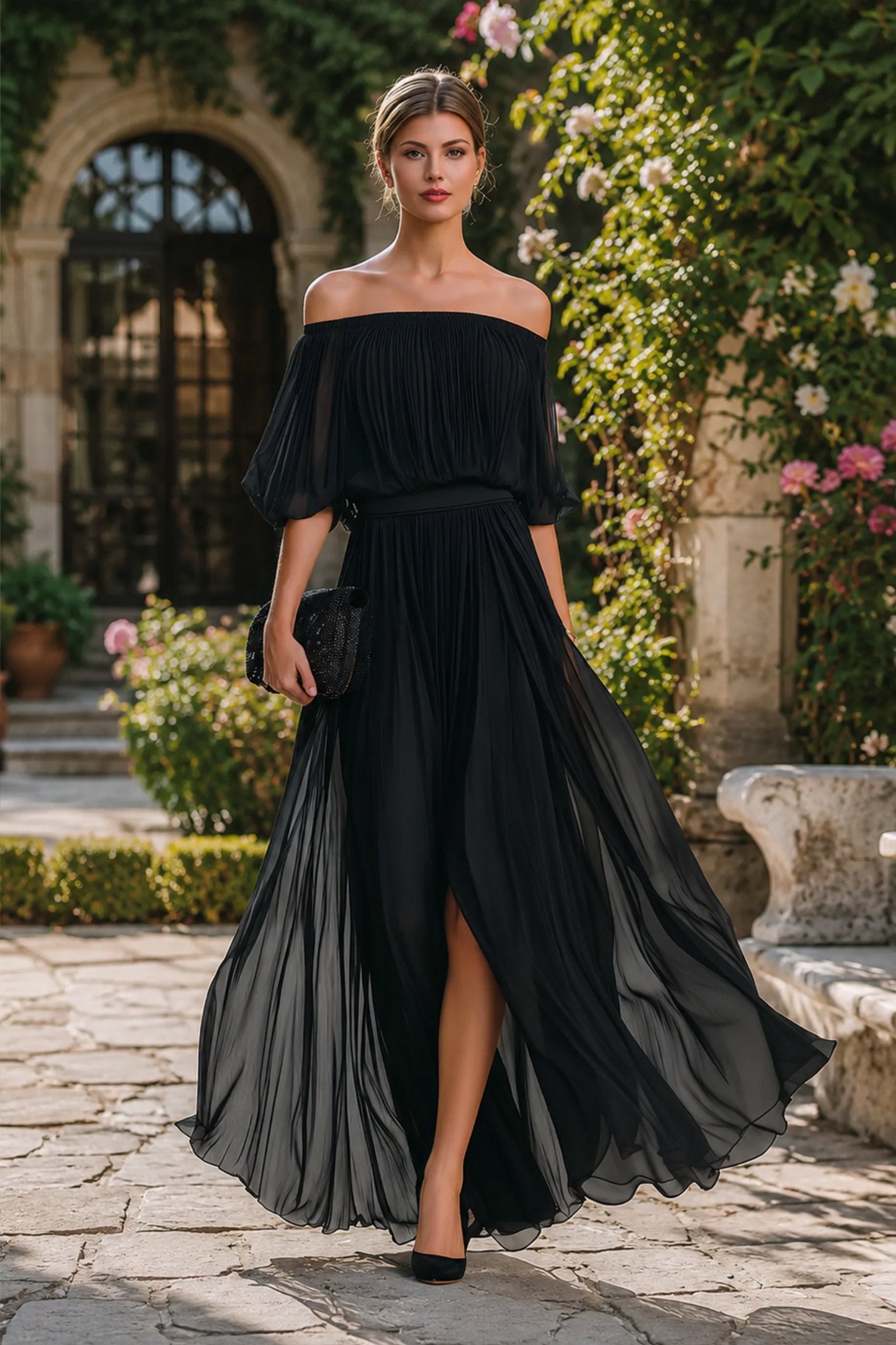 Adonia | Women's Pleated Off-Shoulder High Slit Flowy Maxi Dress
