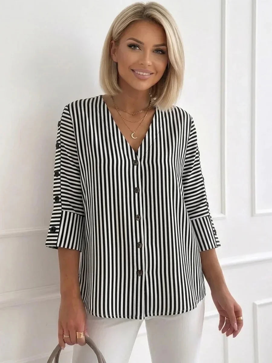 Adrianne | Women's V-Neck Stripe Button Front Blouse
