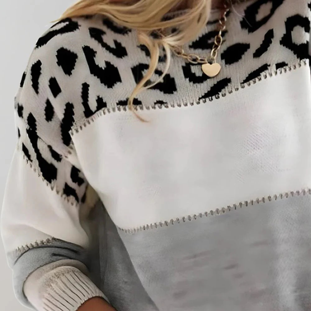 Agafia | Women's Colorblock Leopard Print Crew Neck Sweater
