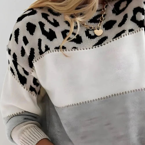 Agafia | Women's Colorblock Leopard Print Crew Neck Sweater