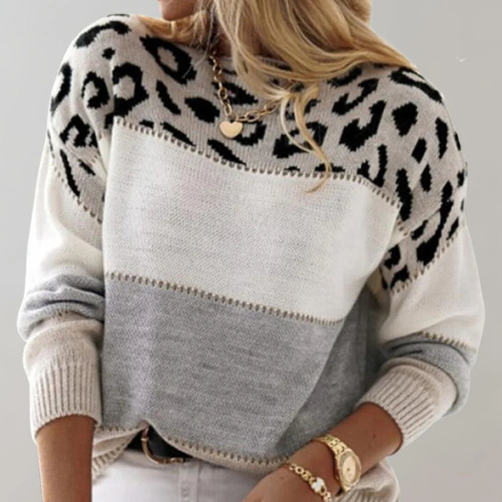 Agafia | Women's Colorblock Leopard Print Crew Neck Sweater