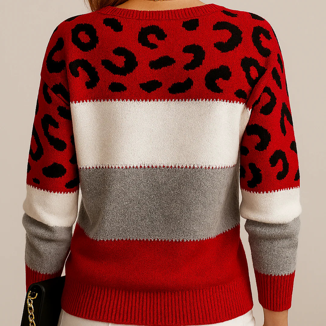 Agafia | Women's Colorblock Leopard Print Crew Neck Sweater
