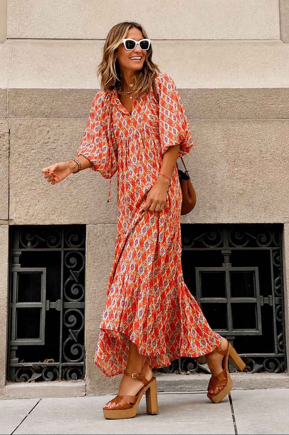 Aggie | Women's Printed Tiered Puff Sleeve Midi Dress