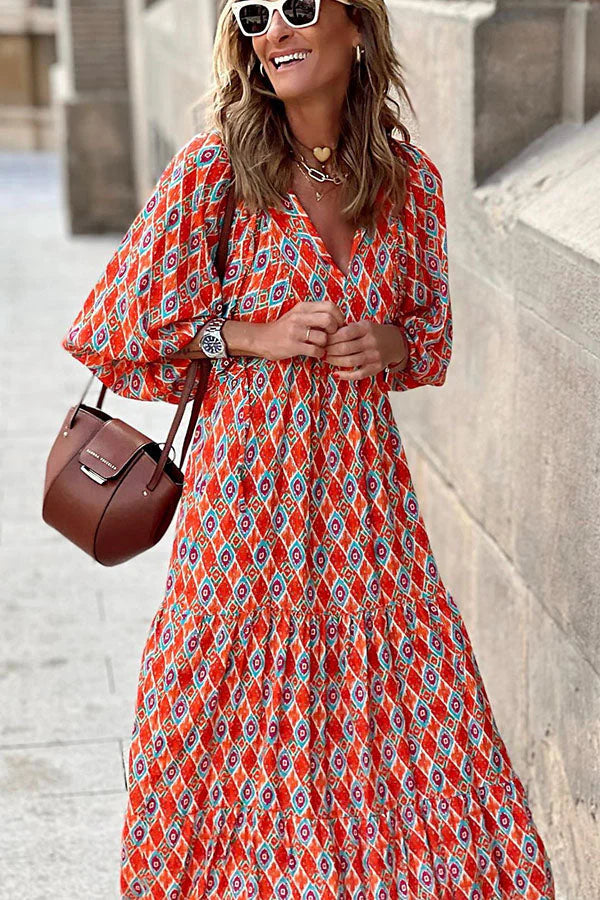 Aggie | Women's Printed Tiered Puff Sleeve Midi Dress
