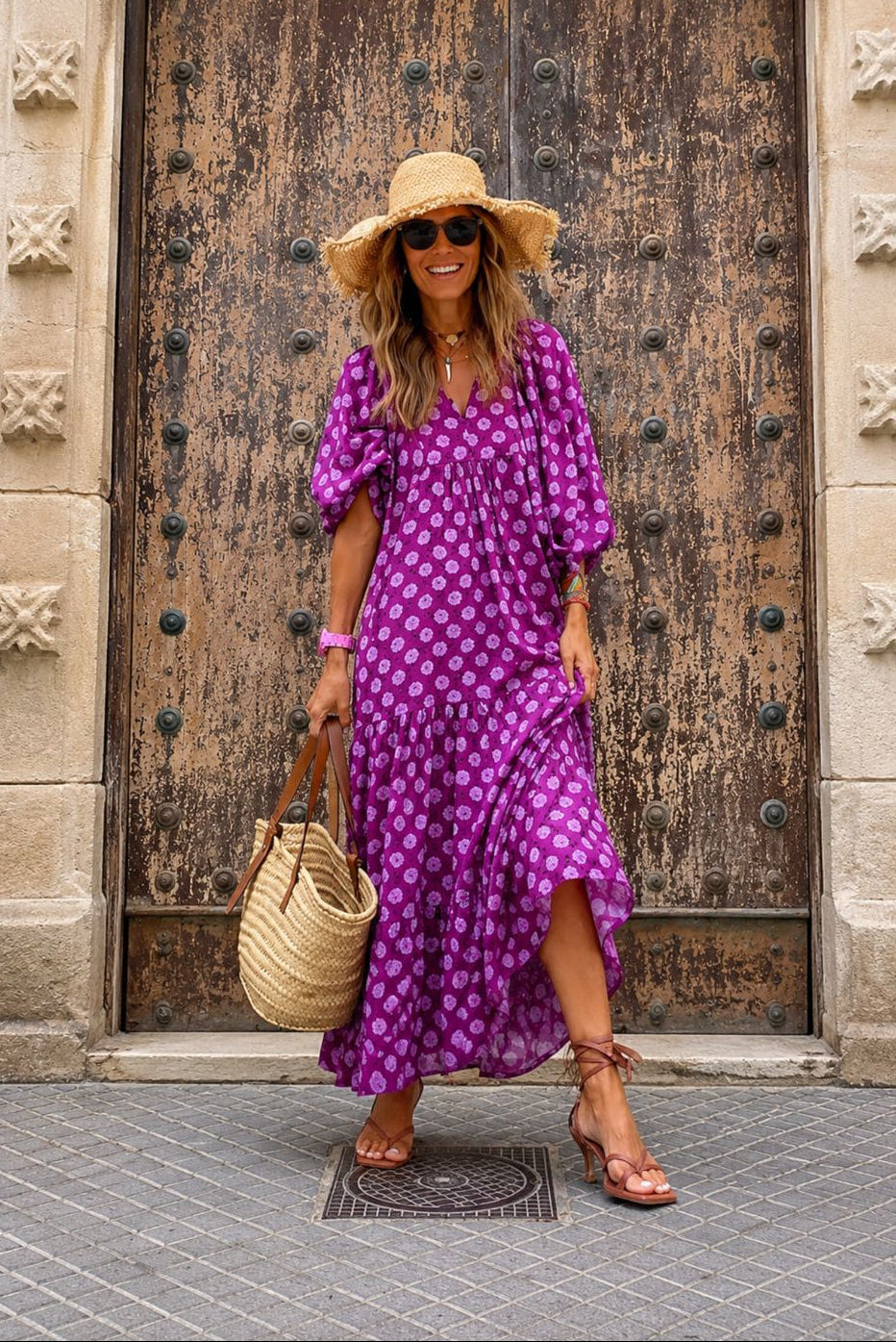 Aggie | Women's Printed Tiered Puff Sleeve Midi Dress
