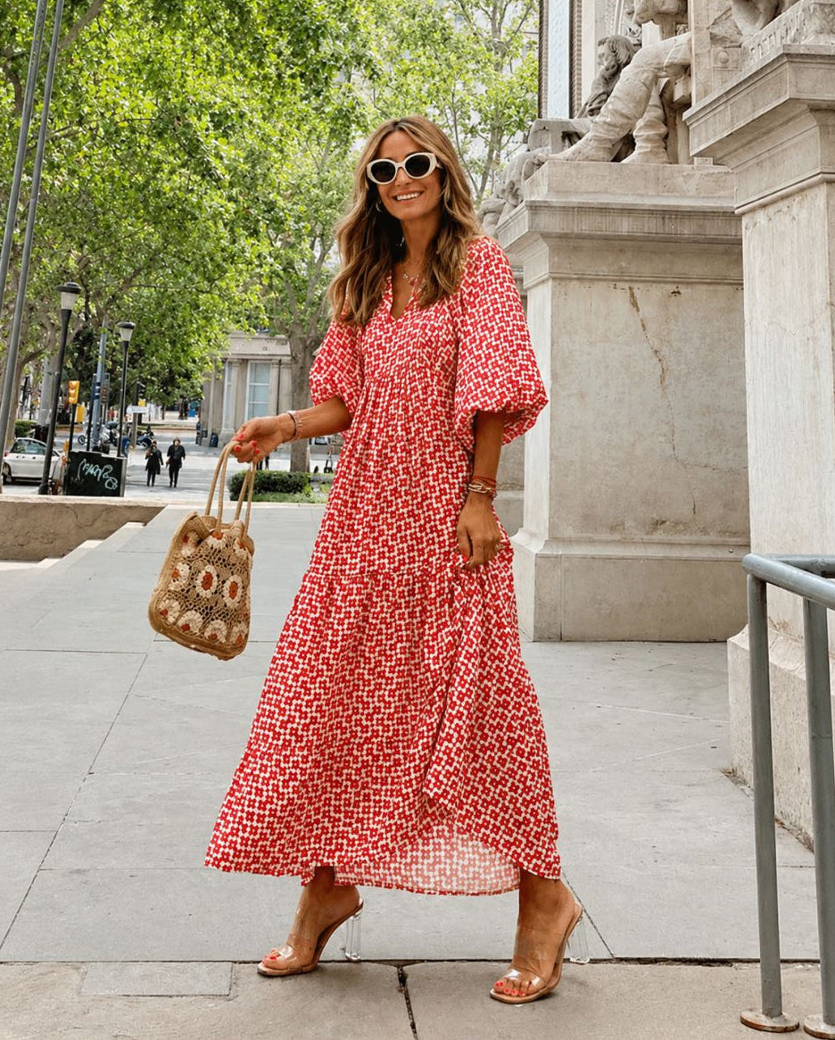Aggie | Women's Printed Tiered Puff Sleeve Midi Dress