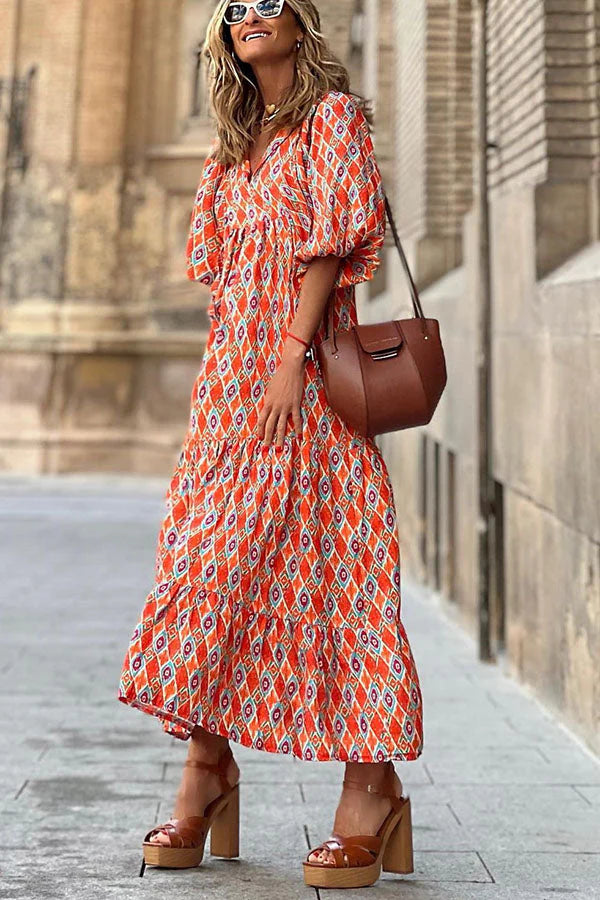 Aggie | Women's Printed Tiered Puff Sleeve Midi Dress
