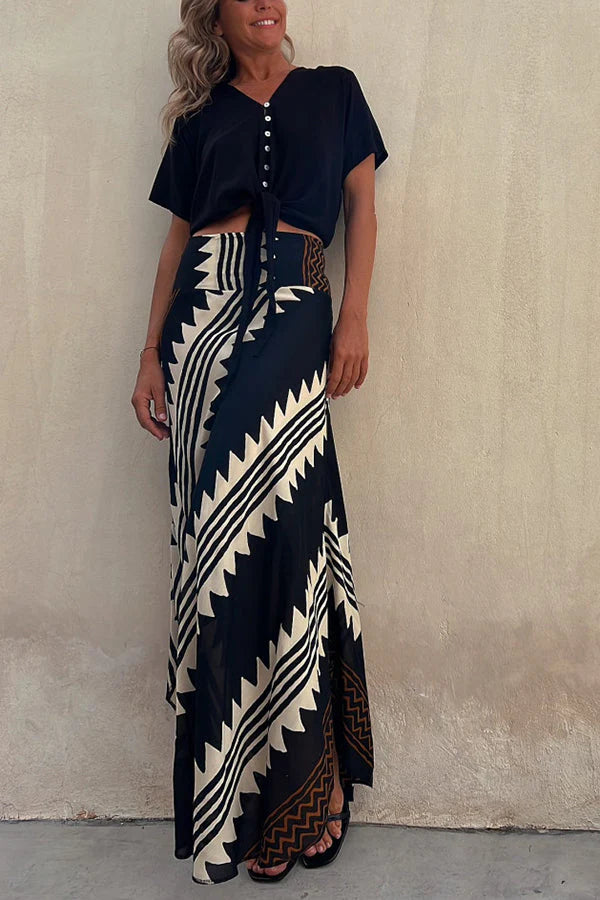Aglaiya | Women's Geometric Print Waistband Maxi Skirt