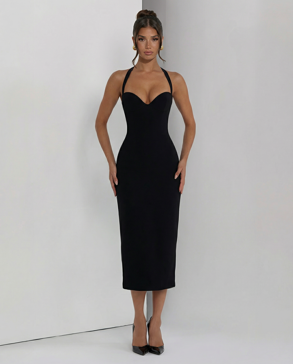 Agneta | Women's Wedding Guest Halter Sweetheart Neck Midi Dress