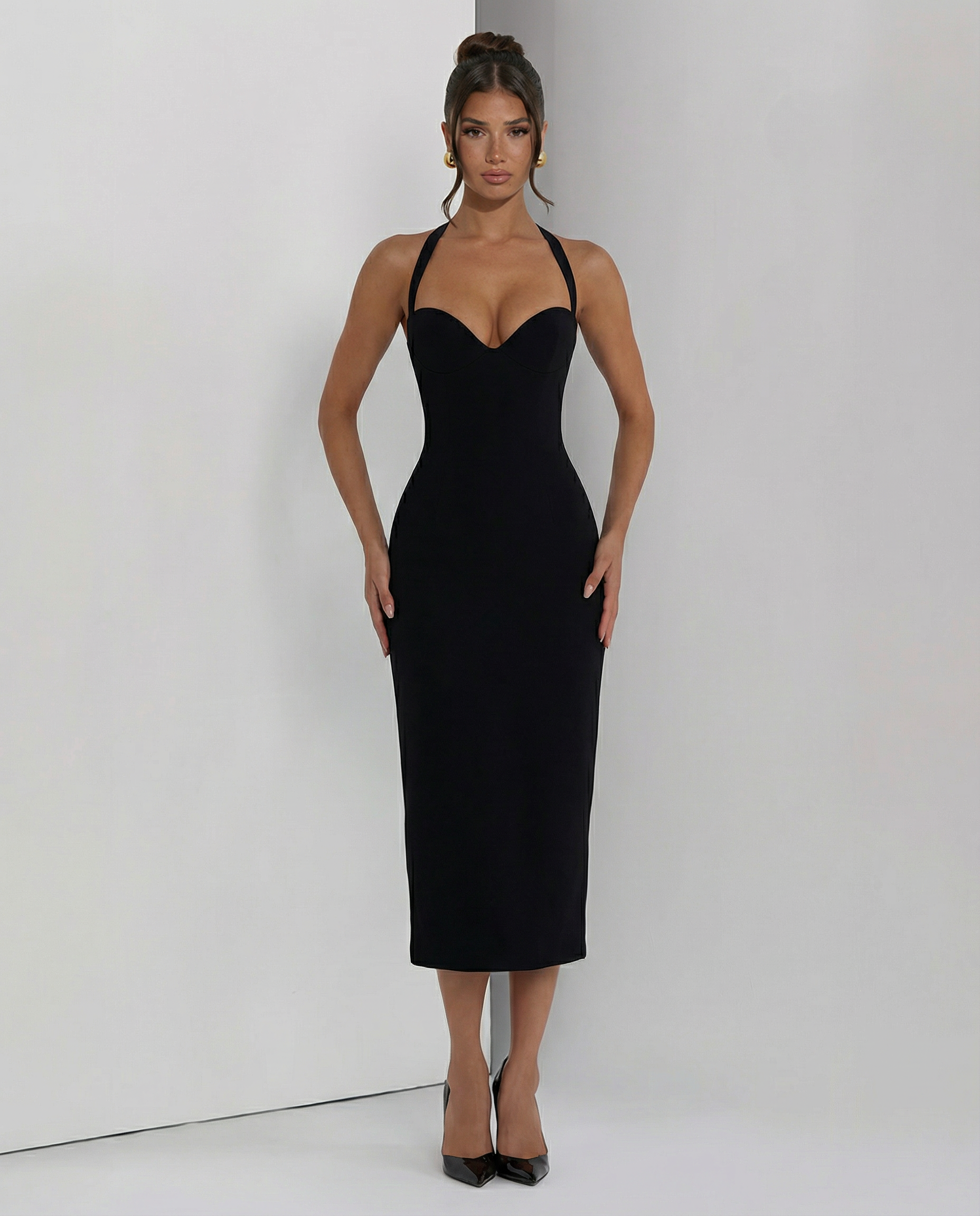 Agneta | Women's Wedding Guest Halter Sweetheart Neck Midi Dress